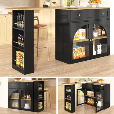 Image de Sweiko Table de bar extensible avec espace de rangement(138-204×39×104cm) , pivotant à 360° mangeable,Table de bar mobile moderne,Table haute de cuisine îlot Bistro Table, meuble buffet avec étagères et verre,Noir