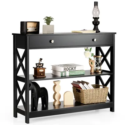 Produktbild von COSTWAY 3 Ebenen Konsolentisch mit Schublade, Flurtisch Holz, Standregal, Beistelltisch, Sofatisch, Flur, Wohnzimmer, 100 x 30 x 80 cm Schwarz