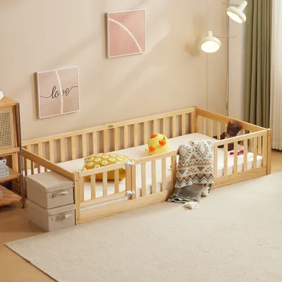 Image de FCH lit d'enfant, lit de sol, lit de clôture, lit en bois avec protection contre la chute et porte, lit de jeu, pour enfants 190*90, 41.5cm, naturel