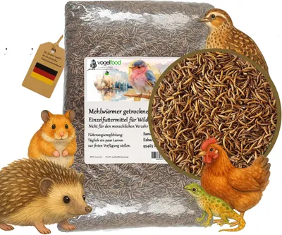 A collage of a large bag of dried mealworms, with various animals (hedgehog, hamster, bird, chicken, lizard) and a German flag tag.