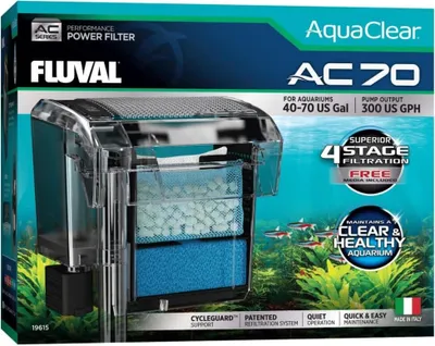 The image shows the packaging of a Fluval AquaClear AC70 power filter for aquariums.