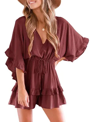 Produktbild von Sommerliches Strandkleid für Damen, V-Ausschnitt, Rüschen und Taillengürtel