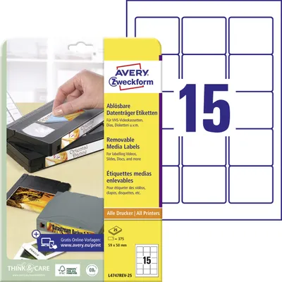 Produktbild von Avery Zweckform L4747REV-25 Etiketten für Speichermedien, 59 x 50 mm, 25 Blatt/375 Etiketten, weiß