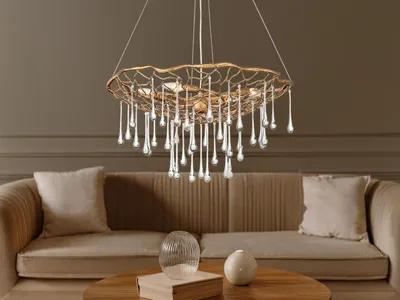 Produktbild von Ausgefallene LED Pendelleuchte mit Glas Behang, große Esstischlampe Gold Ø 66cm