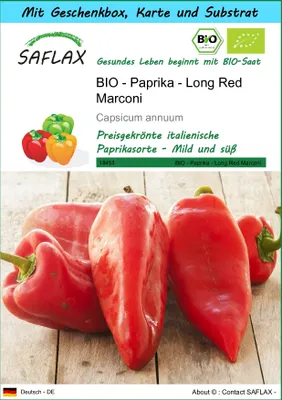 Produktbild von SAFLAX - Geschenk Set - BIO - Paprika - Long Red Marconi - 20 Samen - Mit Geschenk- / Versandbox, Versandaufkleber, Geschenkkarte und Anzuchtsubstrat - Capsicum annuum