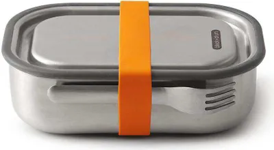A stainless steel lunch box with a gray silicone seal and an orange elastic band, with a fork visible on the side.