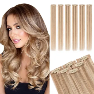 Immagine prodotto di Clip-in per extension di capelli naturali, 6 pezzi, 25 cm, colore biondo dorato e biondo