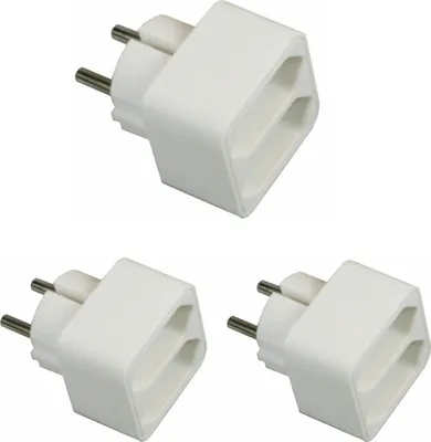 Three white electrical adapters are arranged in a diagonal pattern against a white background.