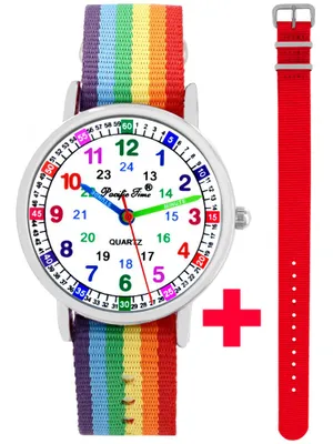 Produktbild von Kinder Armbanduhr Mädchen Jungen Lernuhr Einschulung 2 Armbänder Regenbogen  rot