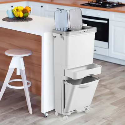 Produktbild von Ikodm Platzsparendes Mülltrennsystem 42 L, vertikaler Küchenabfalleimer mit 3 Fächern, Drucköffnung, Pedal, Aufbewahrungsfach und mobilen Rollen, Weiß