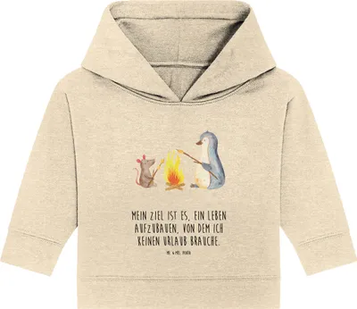 Produktbild von Mr. & Mrs. Panda Organic Baby Hoodie Pinguin Lagerfeuer 24. - 36. Monat - Natural Raw - Geschenk, Kapuzenshirt, Grillen, Kapuzensweatshirt, Marshmallows, Job, Arbeit