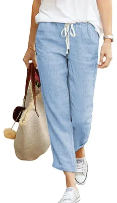 Produktbild von Hormtaer Hose Damen Leinen Sommerhose 7/8 Casual Leichte Baumwolle Leinenhose Stoffhose Bequeme Luftige Freizeithose Strandhose Mit Taschen (Blau, S)