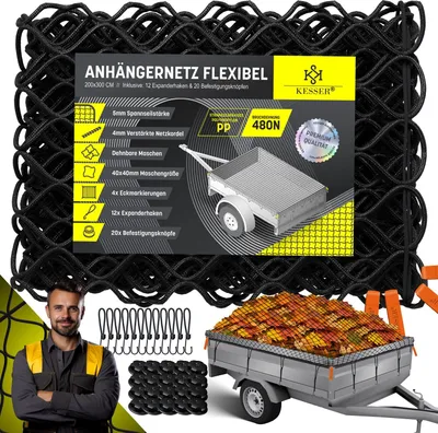 Produktbild von KESSER® Anhängernetz Dehnbar feinmaschig mit Haken | Hängernetz mit Spannseil & Netzkordel für Ladungssicherung | elastisches Sicherungs-Netz Eckmarkierungen Expanderhaken & Befestigungsknöpfen