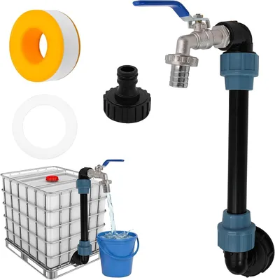 Productafbeelding van Tank Uitloopkraan Set – 25 cm in hoogte verstelbare waterkraan met 3/4" kogelkraan, compleet set voor 1000L IBC containers, regentonnen & watertanks