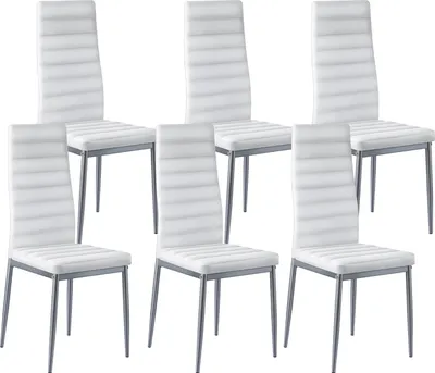 Image de VEVOR Chaise de salle à manger moderne (6 pièces) élégante chaise d'appoint rembourrée en cuir (supporte une charge de 136 kg) pour tables de salle à manger, chaise de table de cuisine peu encombrante avec coussins épais & pieds métalliques, blanc cafétéria