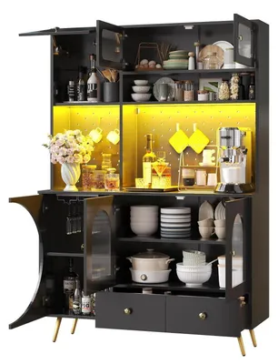 Image de Armoire de cuisine avec éclairage LED, ports USB, prises électriques, tiroir, panneau perforé, étagères en verre, dimensions : 120 x 40 x 176 cm, couleur : noir