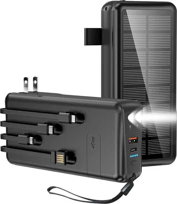 Image de Chargeur solaire 30000mAh Banque de puissance portable avec lampe de poche LED Intégré 4 câbles d'entrée Charge rapide Noir
