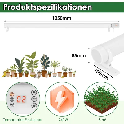 Produktbild von Ikodm Pflanzenheizung 240W mit Zeitschaltfunktion, 1,25 m Gewächshaus-Heizrohr, 220–240V