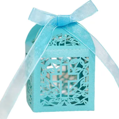 Image de 50 Packs de Boîtes de Faveur Croix, Boîtes De Faveur Baptême Et Rubans, Design Laser Cut Pour Les F?tes D'Anniversaire, Baby Shower, Bridal Showers