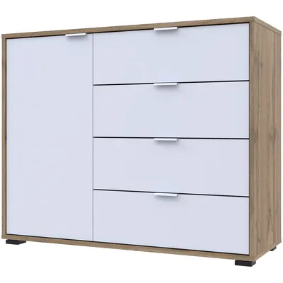 A white and wood-grain effect kommode with four drawers and a single door.