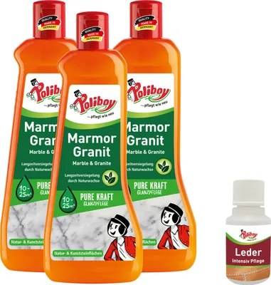 Produktbild von Poliboy Marmor Granit Pflege - 3x500ml - Pflege und Schutz für alle polierten, geschliffenen und matten Natur- und Kunststeinflächen - mit Leder Probe
