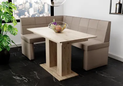 Produktbild von Eckbankgruppe 196x142 cm BLAKE XL R Stoff Soro Taupe / Esstisch DANTE Sonoma