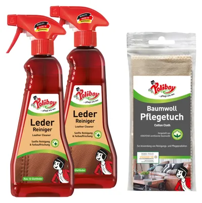 Produktbild von Poliboy 2er Leder Reiniger mit Baumwolltuch - für alle Lederarten, Kunstleder und Materialmix - extra langer Anlaufschutz - 2x375ml - 99A1001