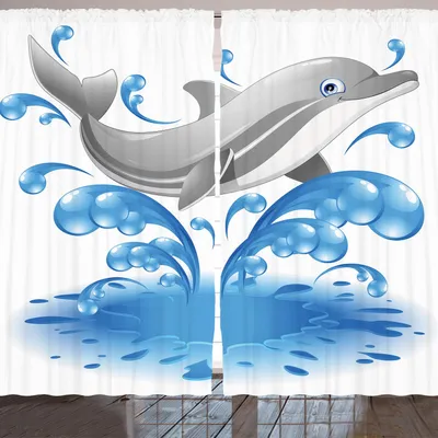 Produktbild von ARANDE Meerestiere Gardine, Springender Delphin Tier Charakter Karikatur Art Wasser Spritzen Kindersommer, 280 x 175 cm, Blau grau