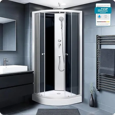 Produktbild von Komplettdusche 90 x 90 cm mit Duschwanne & Regendusche | ESG-Glas, Duscharmatur, Ablaufgarnitur, Brausegarnitur, Fertigdusche