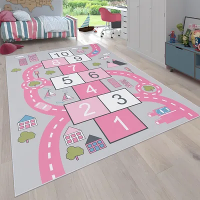 Produktbild von Kinderteppich waschmaschinenwaschbar Hüpfkästchen Kinderzimmer schmutzabweisend Pink Rechteckig 140x200 | 100% Polyester | pflegeleicht