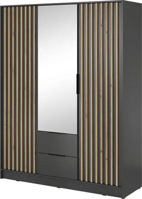 Produktbild von Kleiderschrank mit Spiegel 150 cm Fioro - Schrank vom Hersteller, Schlafzimmerschrank - Drehtürenschrank mit Lamellen, 3 Tür (Graphit)