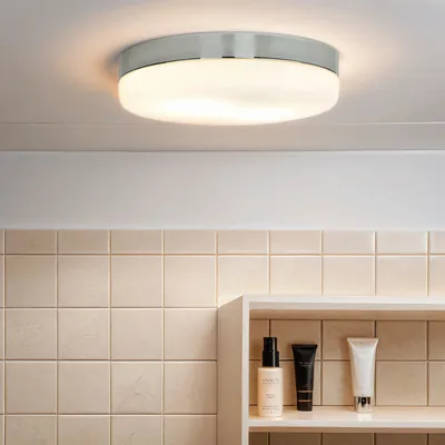 Produktbild von Badezimmerleuchte Decke rund Ø 29 cm 3-flammig E27 blendarm Chrom Weiß Metall Glas Deckenlampe Deckenleuchte