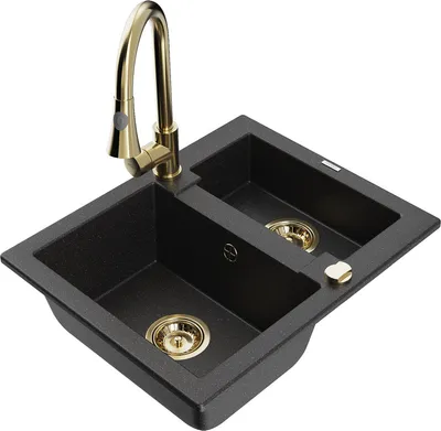 Produktbild von Mexen Carlos 1,5-Becken-Granitspüle mit Mischbatterie Elia, Schwarz/Silbermetallic - 6518-73-670101-50