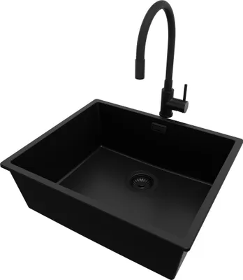 Produktbild von PRIMAGRAN Granitspüle Alles Schwarz 56x47cm, Spülbecken 1 Becken + Küchenarmatur 40x38cm + Ablauf-Set, Küchenspüle ab 60er Unterschrank - London Slim