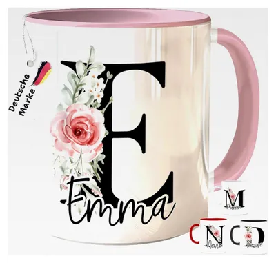 Produktbild von Personalisierte Tasse mit Namen, Initiale und Blumenmotiv – individuelles Geschenk für Frauen, Männer, Freunde und Kollegen, geeignet für Geburtstag oder Weihnachten – Kaffeetasse 325 ml Keramik Pink
