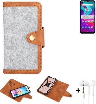 Produktbild von K-S-Trade Handyhülle + Kopfhörer kompatibel mit Doogee X96 Pro Schutzhülle Filz Hülle Kunstleder hellgrau braun (1x)