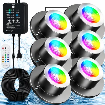 Produktbild von 6er set LED RGB Poolbeleuchtung mit 14 Farben, Unterwasserstrahler mit Lichtsensor, 5 Helligkeitsstufen Teichbeleuchtung mit Fernbedienung und Timer