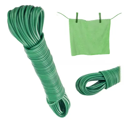 A green clothesline is shown coiled and in a loop, with a small green towel hanging on a clothesline in the background.