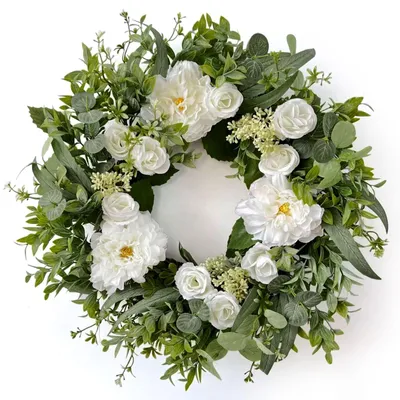 Produktbild von Omgoods – Kunstblumenkranz für die Tür mit weißen Dahlien und Rosen, 60 cm