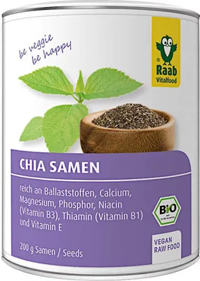 A can of chia seeds with product information and branding.