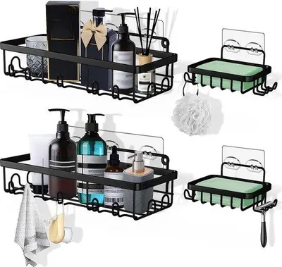 Immagine prodotto di Unyqoos® Porta sapone da doccia senza fori – Set da 4, cesto doccia in acciaio inossidabile 304, nero, con ganci, portasciugamani e portarasoio