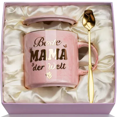 Immagine prodotto di Tazza da caffè in marmo, 400 ml, con decorazione dorata, coperchio e cucchiaino, idea regalo per la mamma