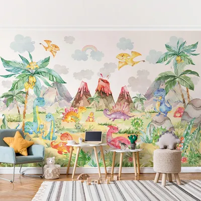 Produktbild von Fototapete Wald - Vliestapete - Bildtapete UV-beständig Dinosaurier bunt Aquarell Illustration Wandtapete geruchsfrei