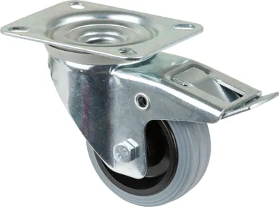 Produktbild von BS Rollen Transportrolle, Lenkrolle mit Totalfeststeller, Rad-Ø 80 mm, Tragf. 50 kg, Gummi grau, Bauhöhe 106 mm, Rollenlager