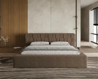Produktbild von Chilly Möbel Design Bett Cube - Geometrisches Polsterbett mit Stauraum und Lattenrost 180x200 cm / Bouclé / Braun