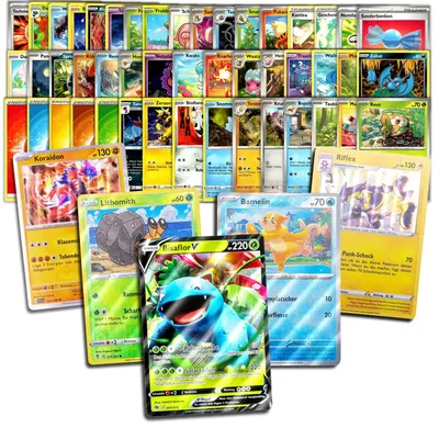 Produktbild von 50 verschiedene Pokemon Karten in deutsch und original mit 1x V-Karte und Holos + Cardmex Deckbox für Pokémon Sammelkarten