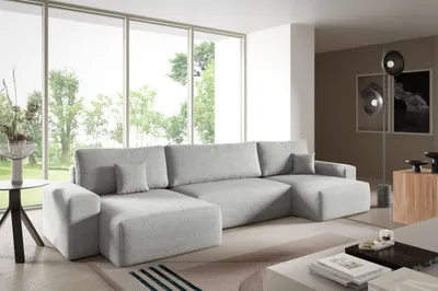 Produktbild von Ecksofas in U-Form ANTONIO CENTAUR 398x148cm, Wohnlandschaft mit Schlaffunktion & Bettkästen, Eckarniutur / Couch in Bouclé-Stoff Hellgrau