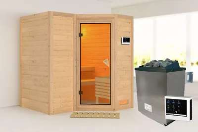 Produktbild von Karibu Sauna Innensauna Sahib 1 Eckeinstieg Ofen 9 KW externe Strg easy 193x184x208 cm ohne Dachkranz mit Bronzierter Tür