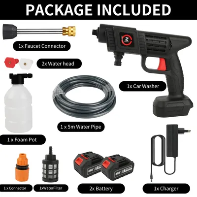 Image de Nettoyeur haute pression sans fil pour automobile - Pistolet de lavage à batterie - 70 bars - 20000 mAh - 2 batteries - Livré avec tuyau d'eau - Générateur de mousse