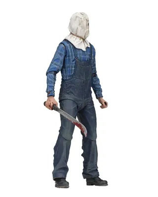 A full-body shot of an action figure of Jason Voorhees from Friday the 13th Part 2, holding a bloody machete.